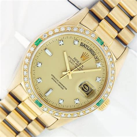 rolex day date emerald bezel|18k gold rolex with diamonds.